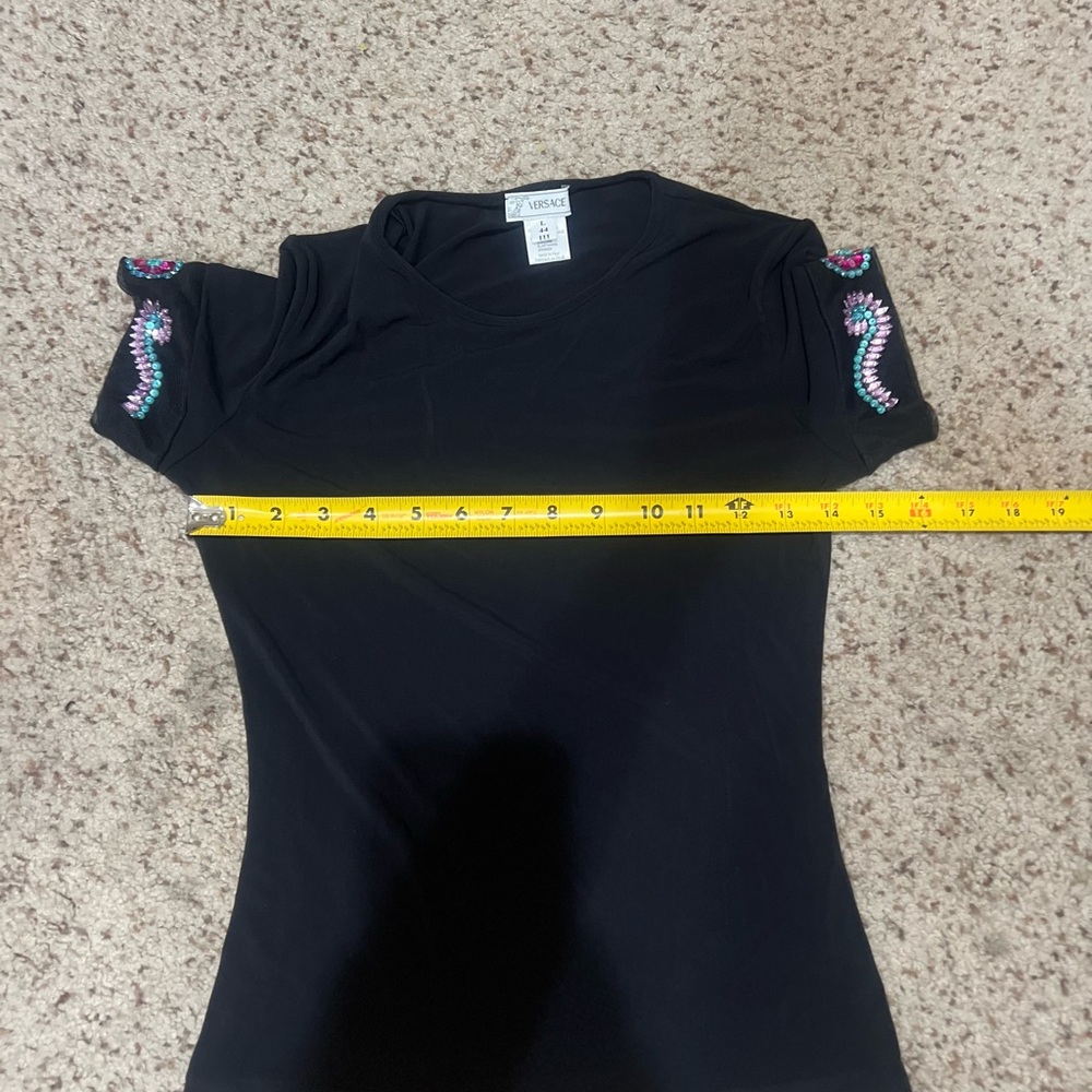 Versace Black Jersey knit Stretch Fitted Embellish Short Sleeve Blouse Top  sz S - Picture 10 of 11